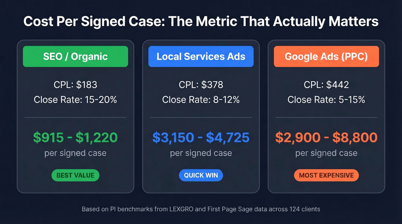 Cost per signed case comparison across SEO, LSAs, and Google Ads