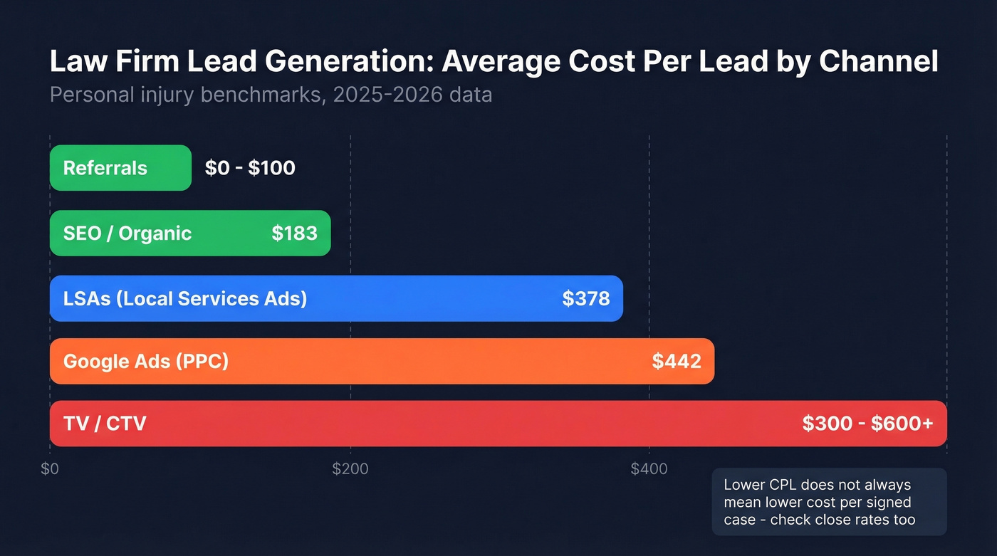 Horizontal bar chart of law firm CPL by marketing channel