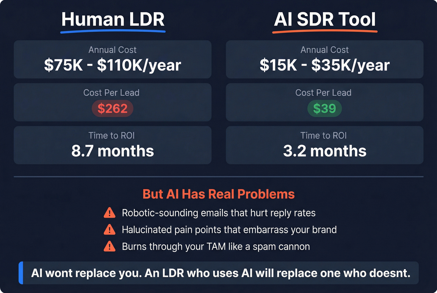 Cost and ROI comparison of human LDRs versus AI SDR tools