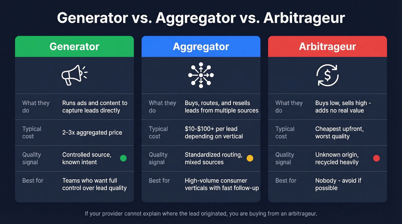 Three-column comparison of lead generators, aggregators, and arbitrageurs