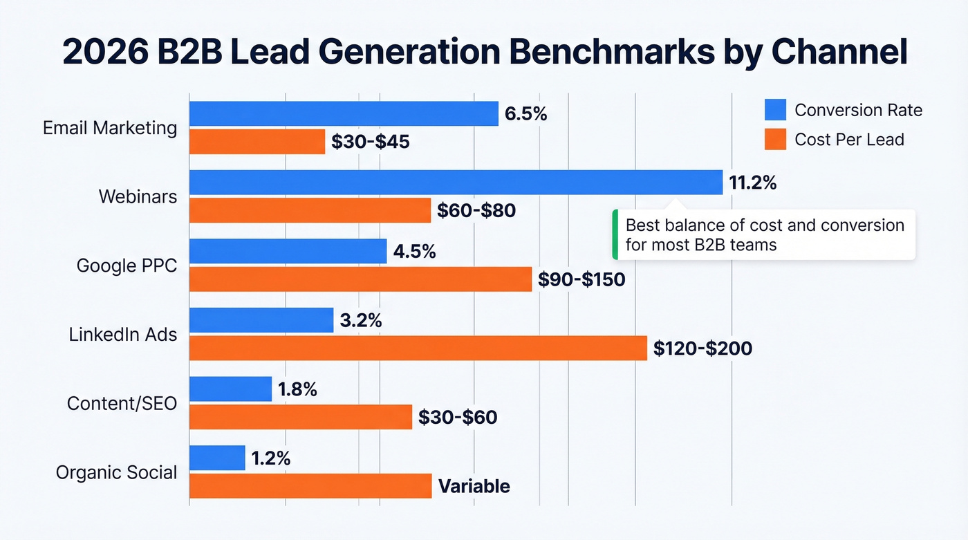 2026 B2B channel benchmarks comparing conversion rates and CPL
