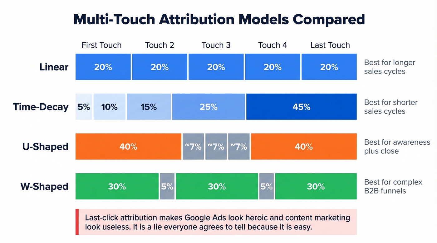 Four multi-touch attribution models with credit distribution visualized