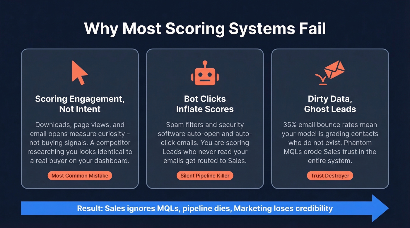 Three failure modes of lead scoring systems