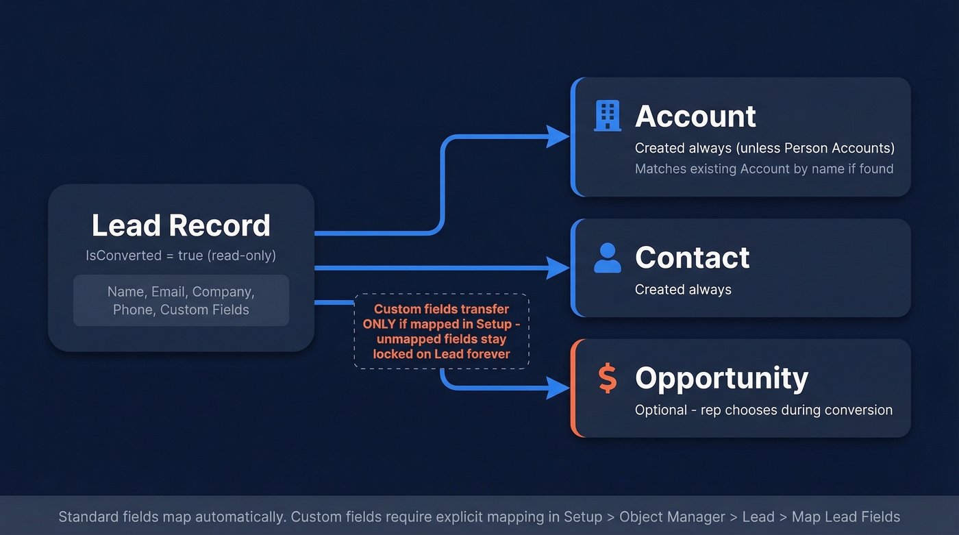 Salesforce lead conversion record creation flow diagram