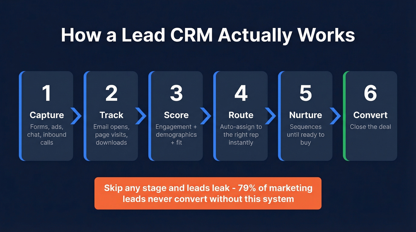 Six-stage lead CRM pipeline from capture to conversion
