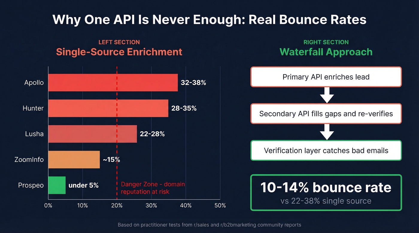 Single-source vs waterfall enrichment bounce rate comparison