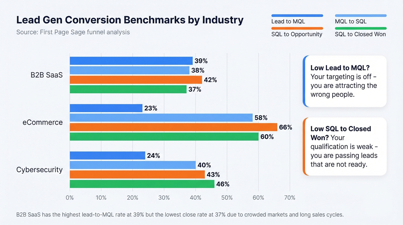 B2B conversion rate benchmarks by industry grouped bar chart