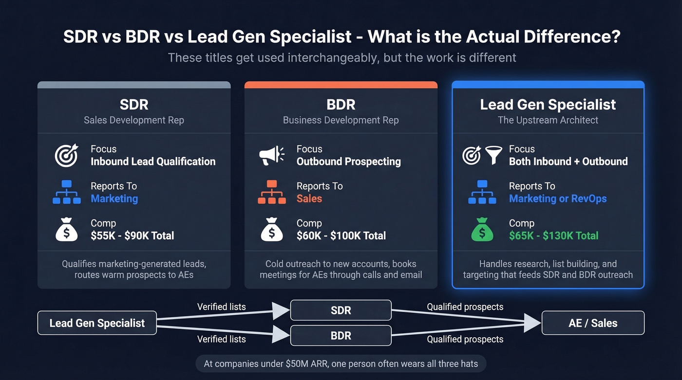 Lead gen specialist vs SDR vs BDR role comparison