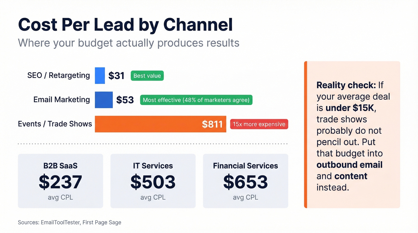 Cost per lead comparison across channels with industry benchmarks