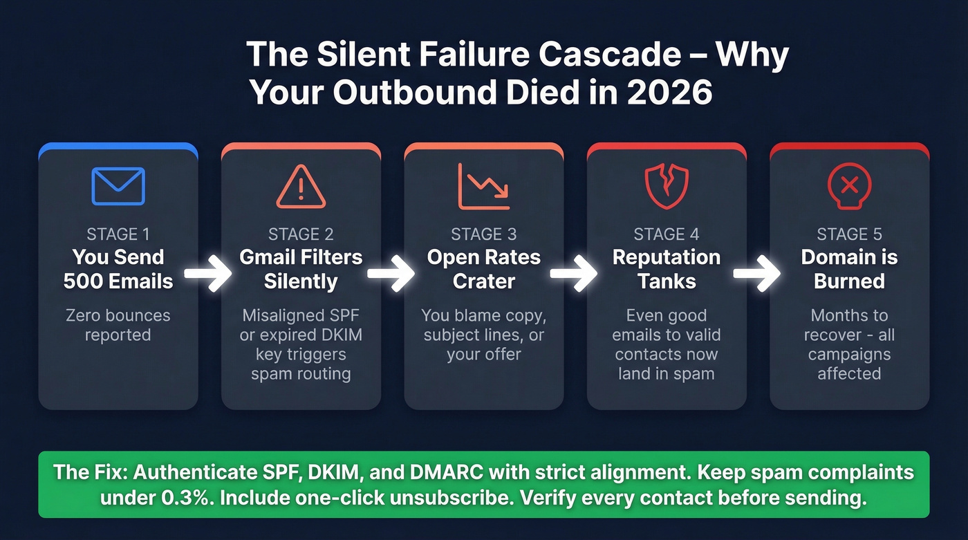 Email deliverability silent failure cascade diagram