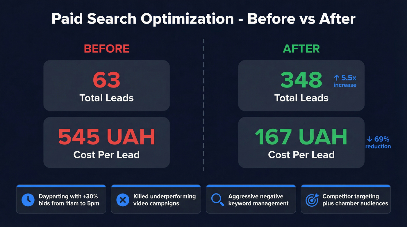 Before and after paid search optimization metrics comparison