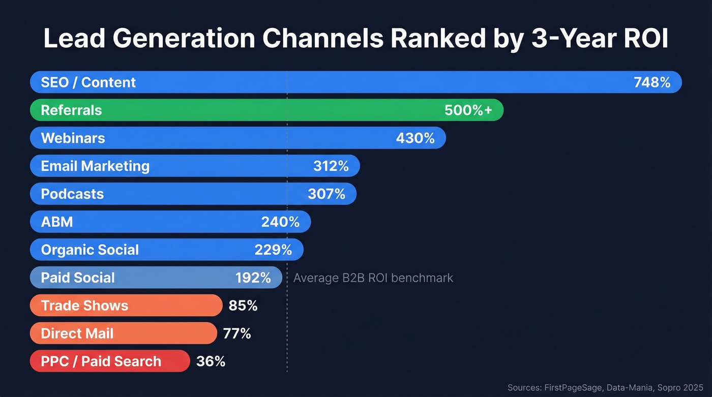 12 lead generation channels ranked by 3-year ROI