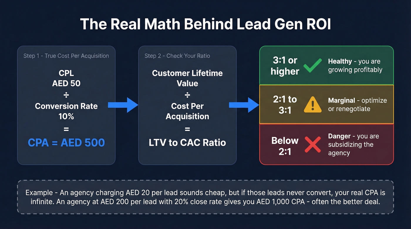 LTV to CAC ratio calculation for lead gen evaluation