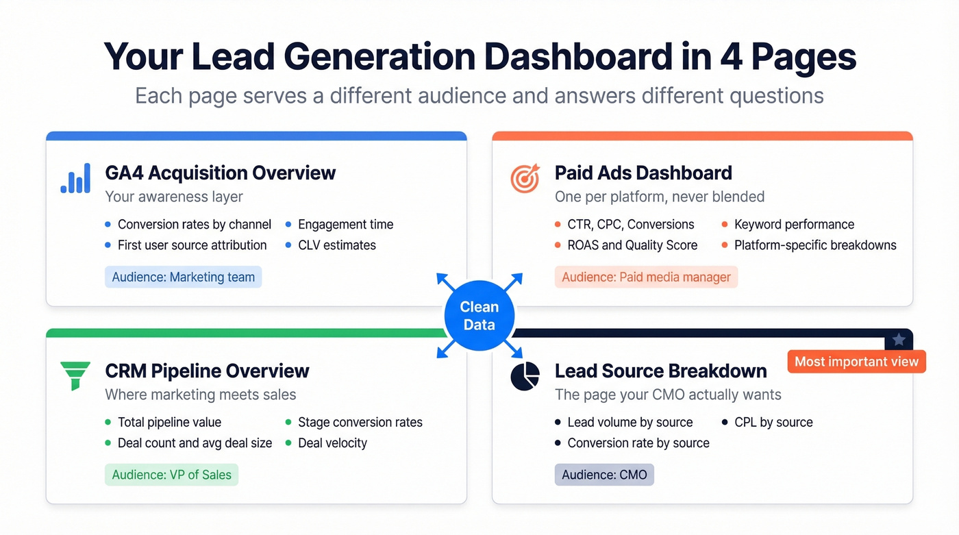 Four dashboard module pages with key metrics layout