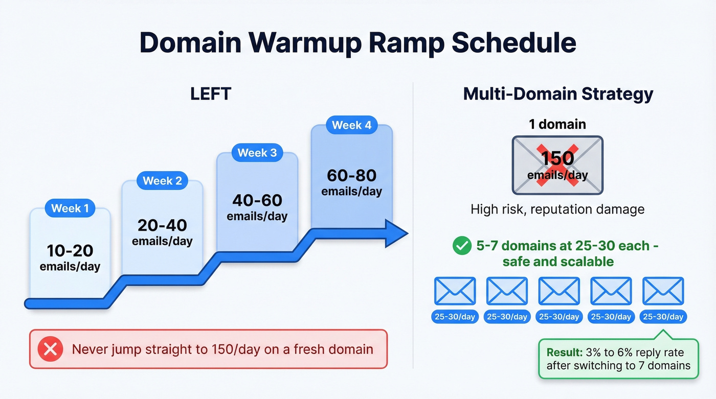 Domain warmup ramp schedule and multi-domain sending strategy