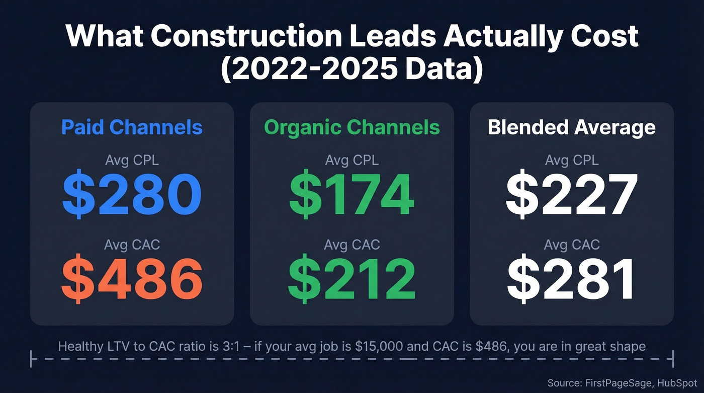 Construction lead cost benchmarks showing CPL and CAC