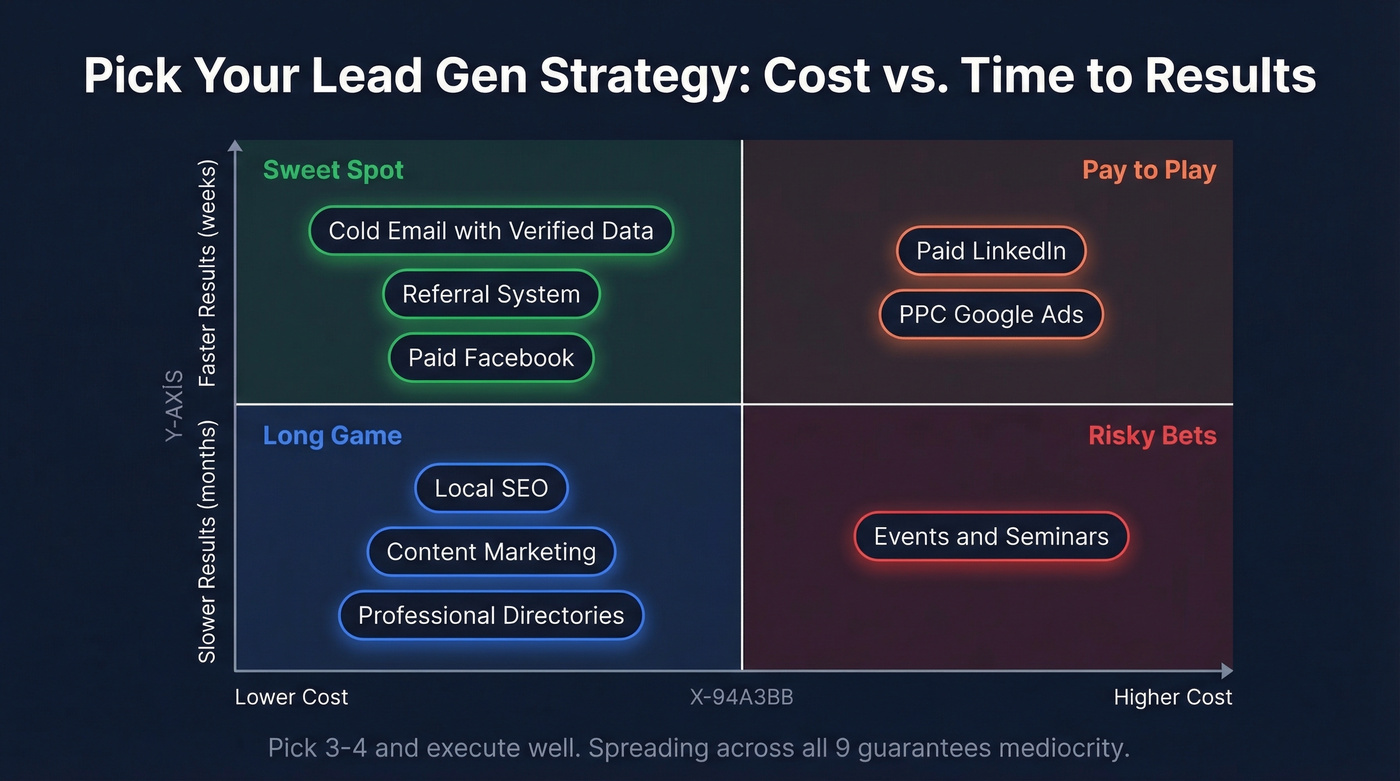 Nine lead gen strategies mapped by cost and time