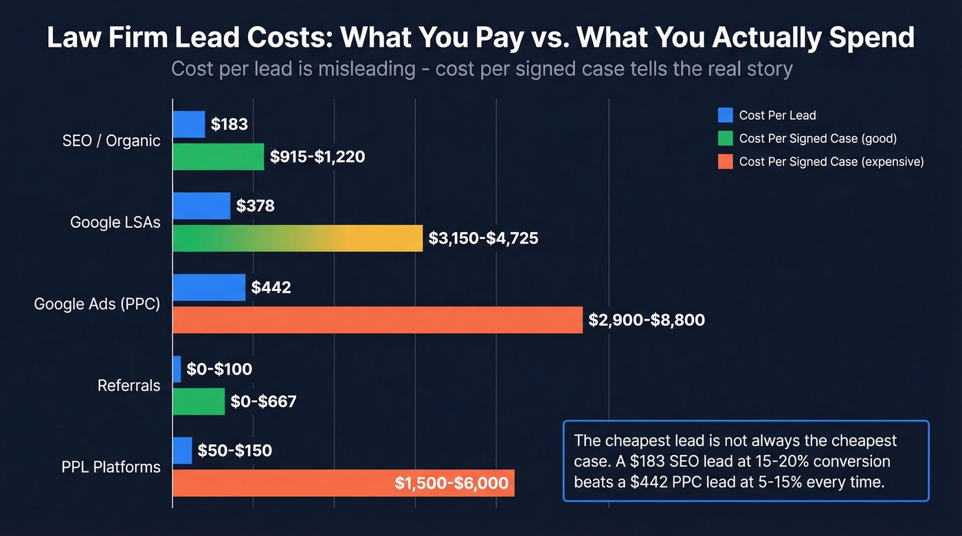 Law firm lead cost comparison by channel with CPL and signed case cost