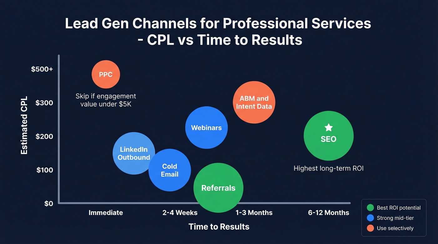 Seven lead gen channels compared by CPL and time to results