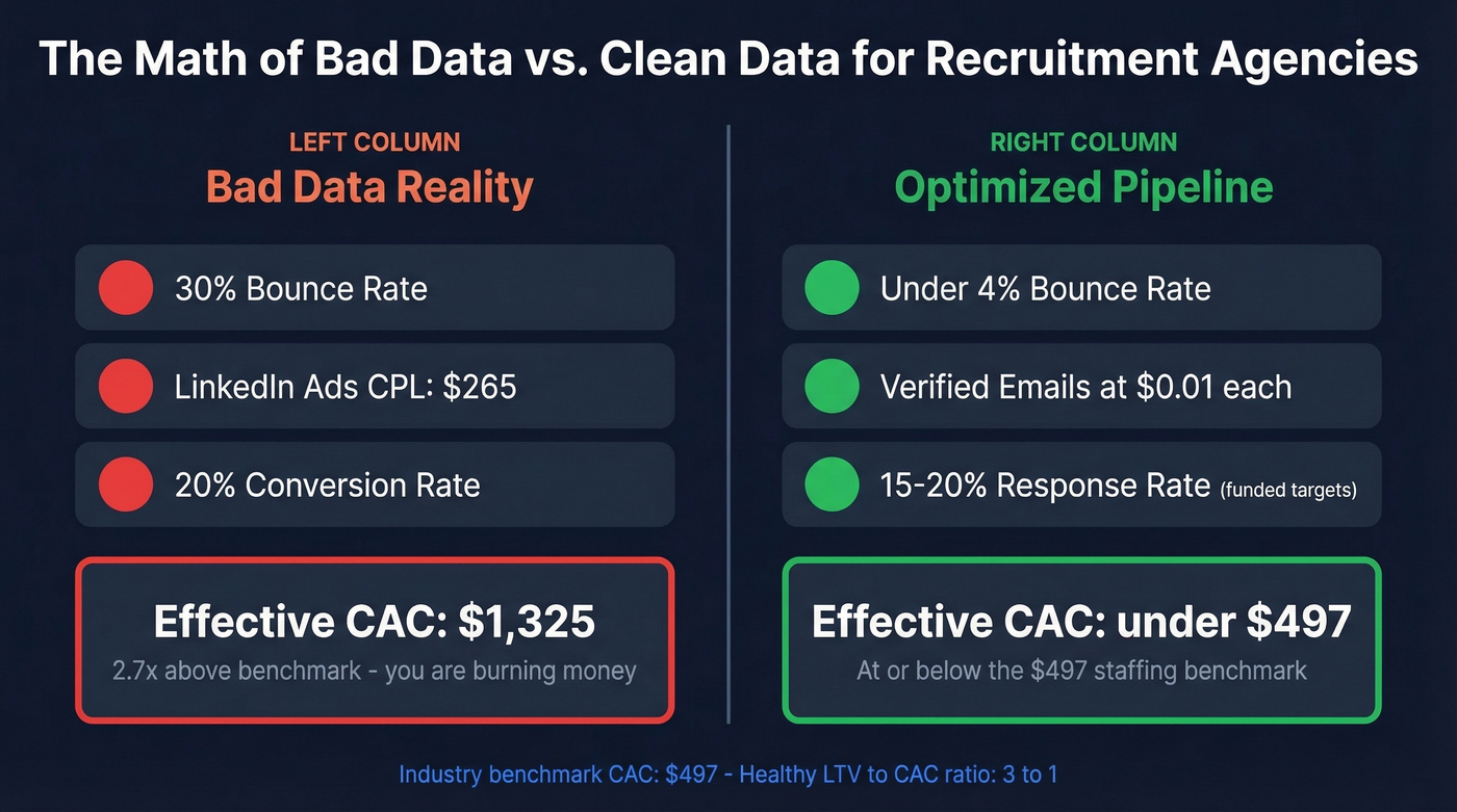 CAC math comparison showing bad data vs optimized data costs