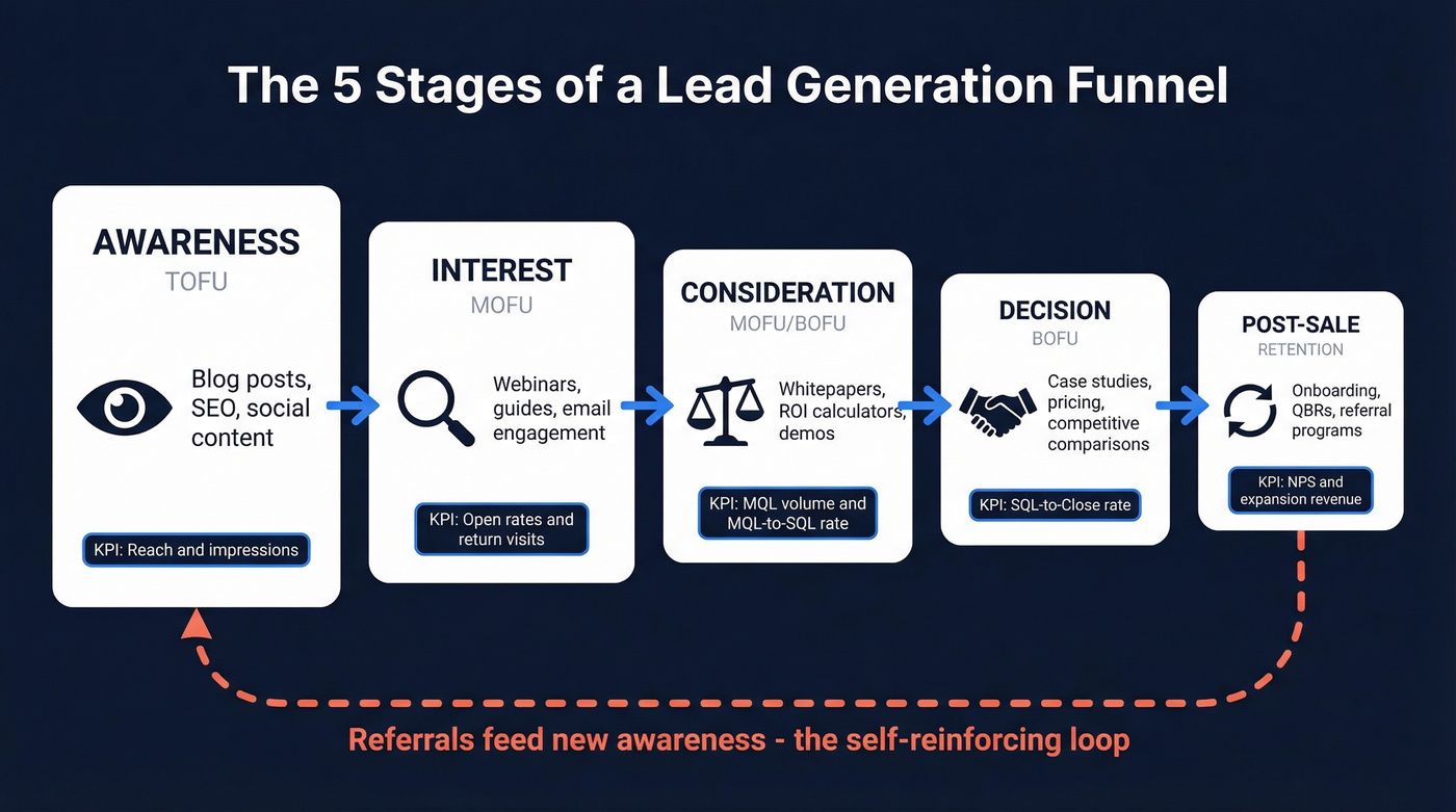 Five-stage lead generation funnel flow chart with KPIs