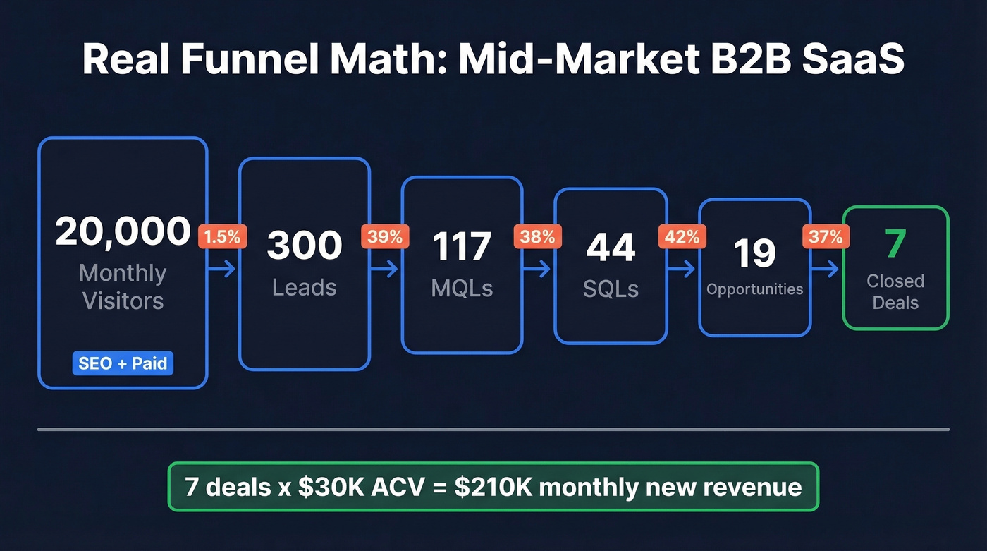 Real B2B SaaS funnel math showing 20K visitors to 7 deals