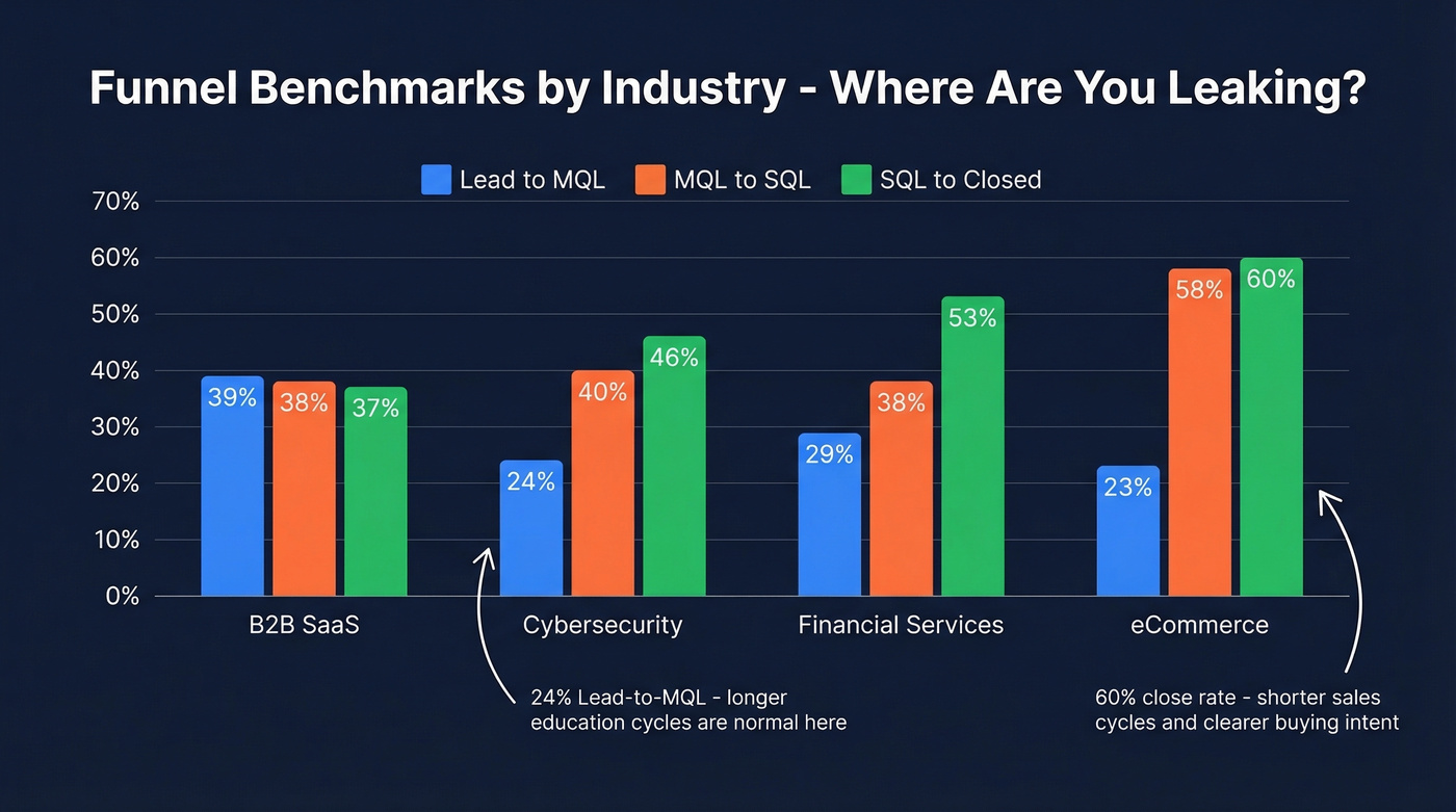 Funnel conversion benchmarks across four B2B industries