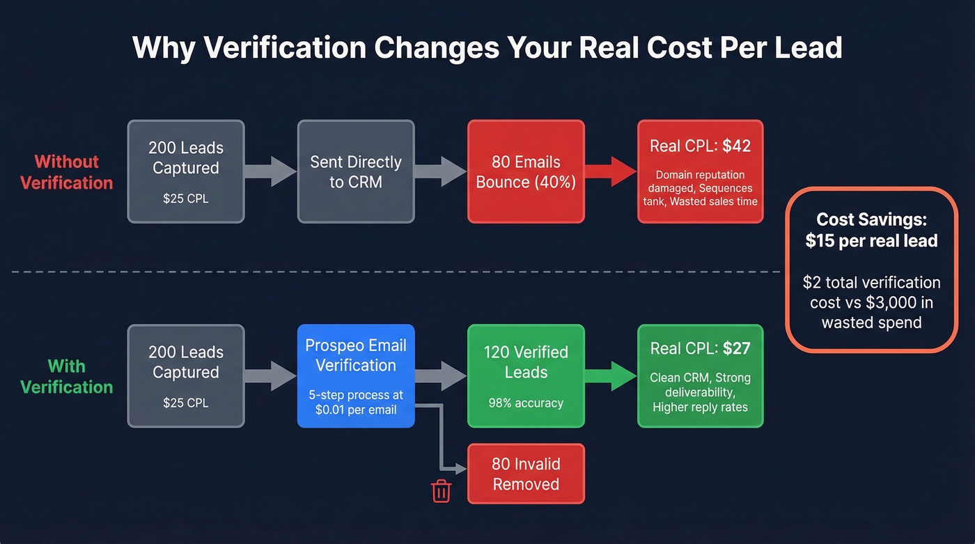 Lead verification workflow showing cost impact of invalid emails