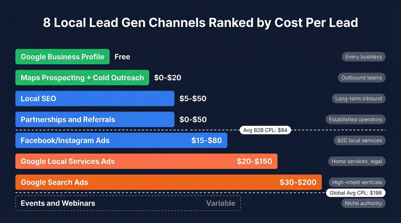 Local lead gen channels ranked by CPL and effort