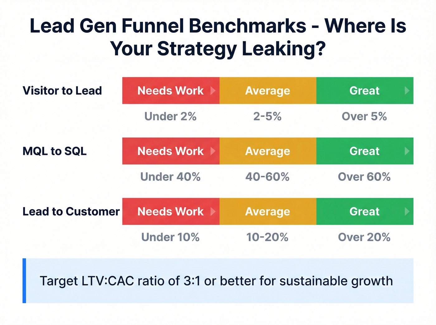 Funnel stage conversion thresholds with color-coded benchmarks