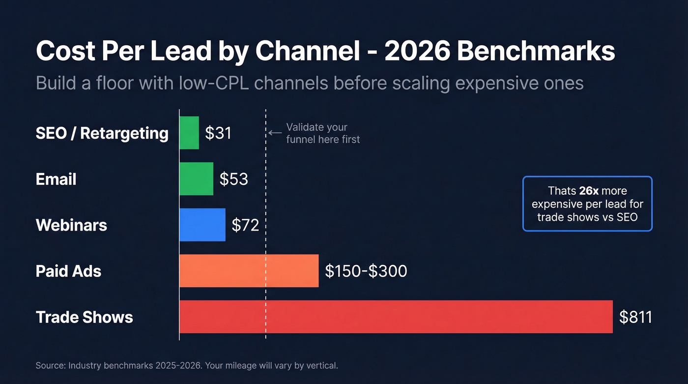 CPL by channel comparison showing cost efficiency across five channels