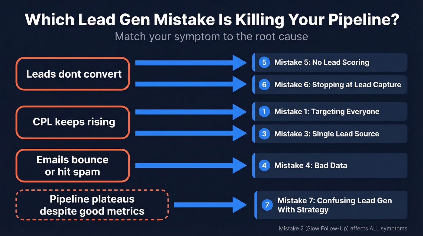 Symptom-to-mistake diagnostic map for lead generation pipeline