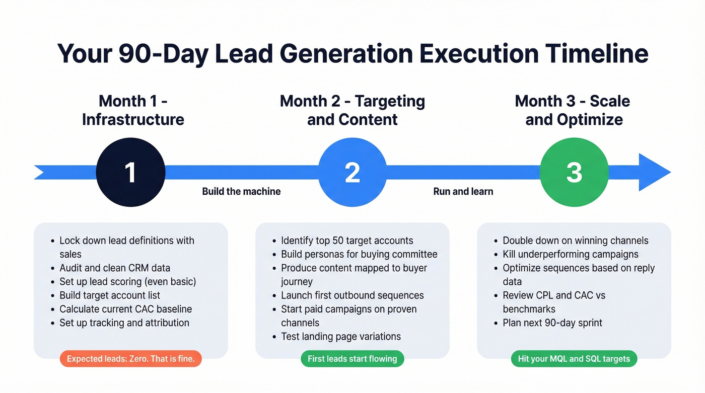 90-day lead generation execution timeline across three months