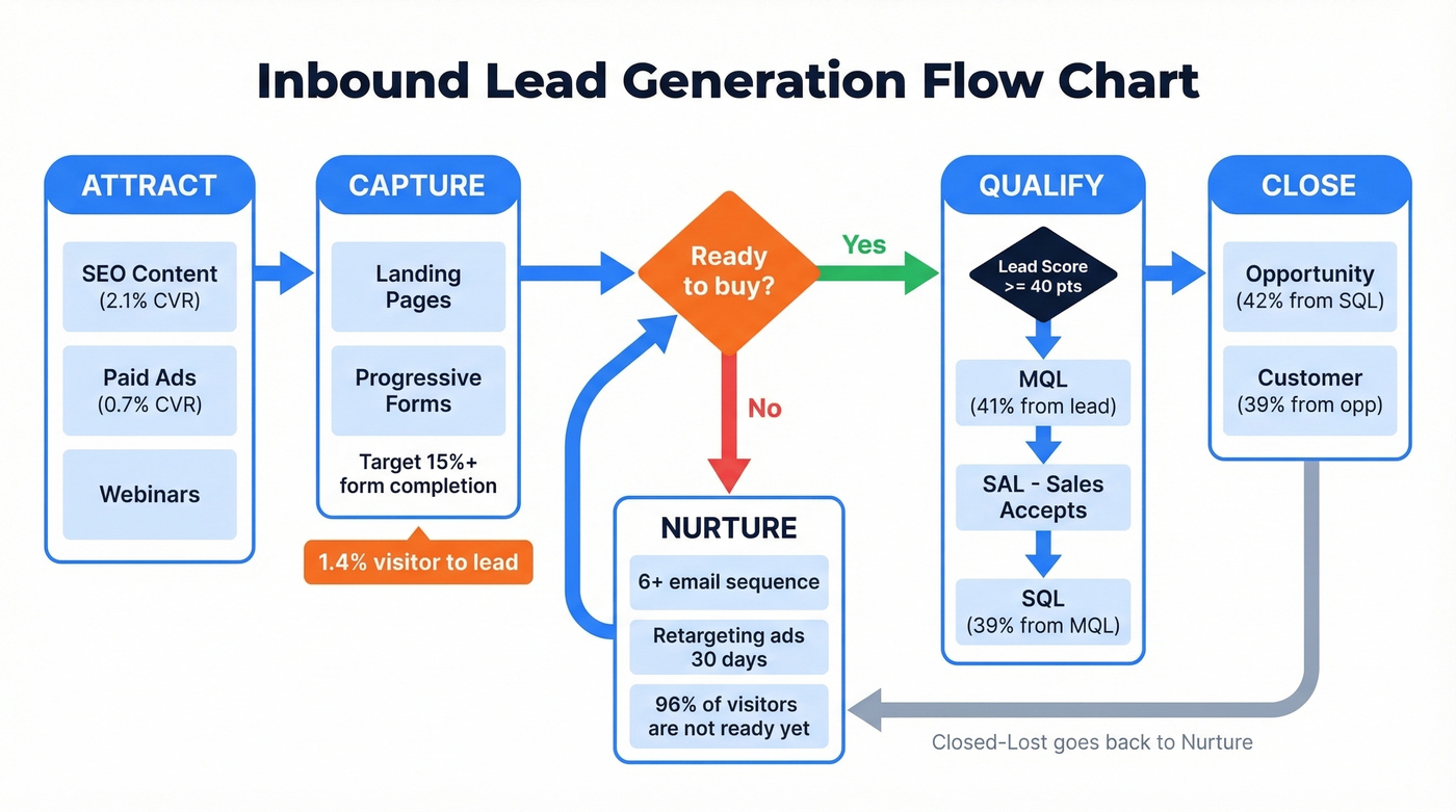 Complete inbound lead generation process flow chart with decision points