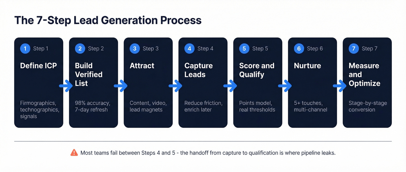 Seven-step lead generation process flow chart overview