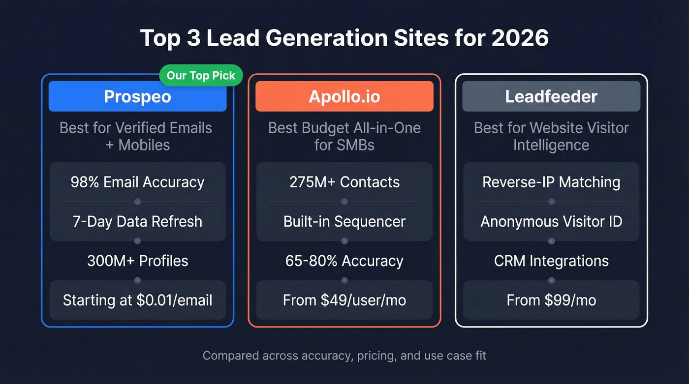 Top 3 lead generation sites comparison cards