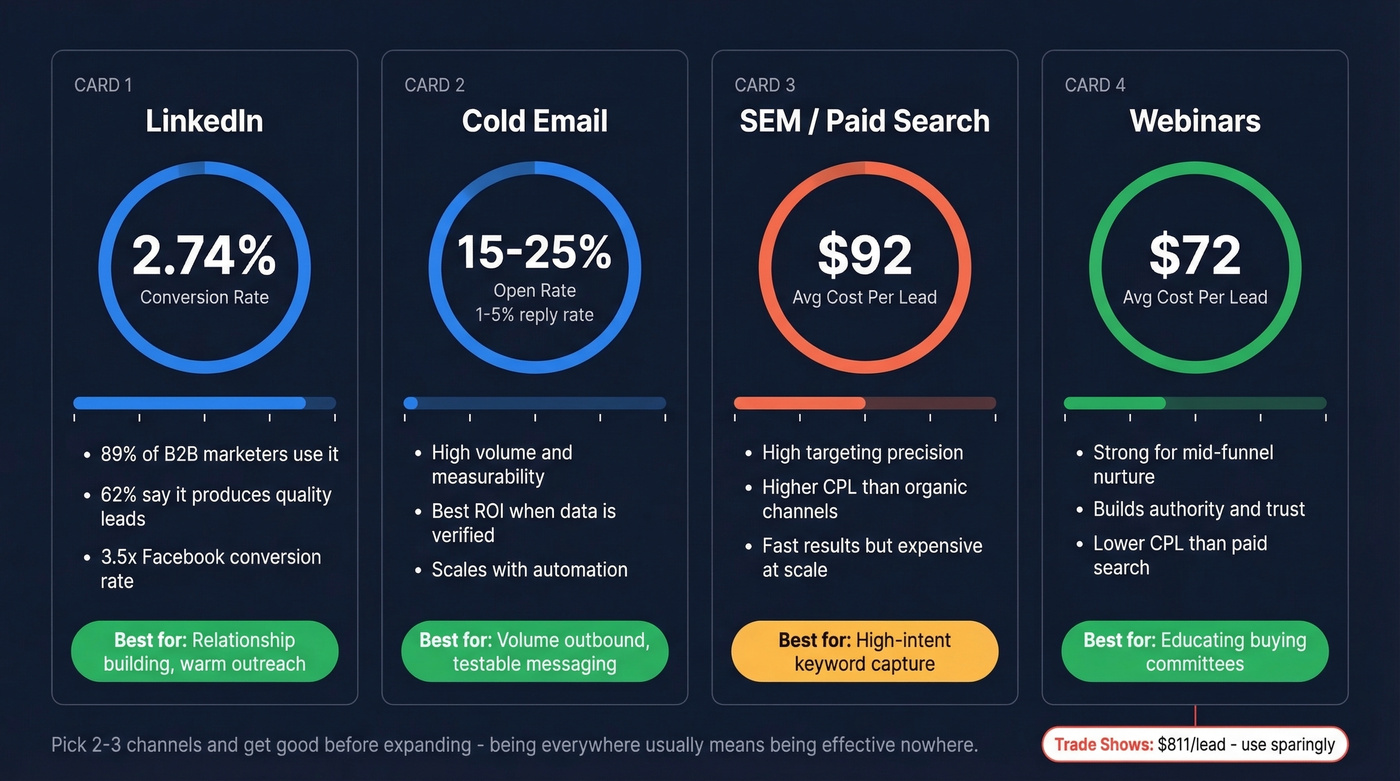 B2B lead gen channel comparison showing conversion rates and cost per lead