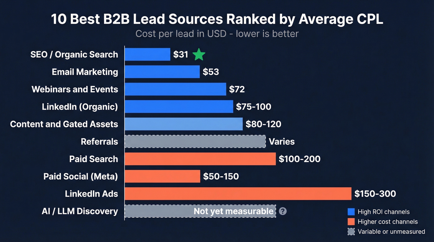 B2B lead sources ranked by average cost per lead