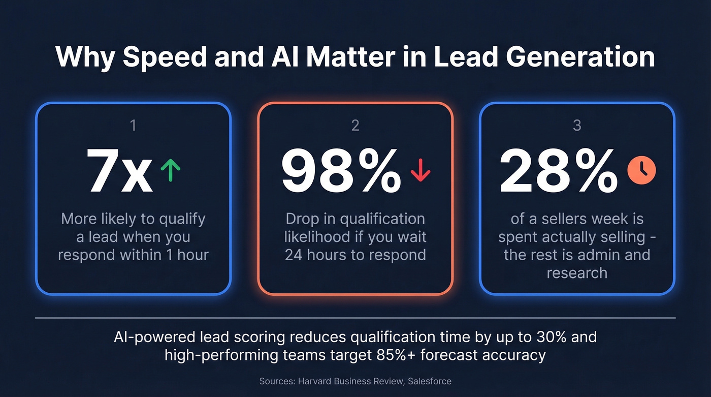 Key AI lead generation stats showing speed-to-lead and seller time allocation
