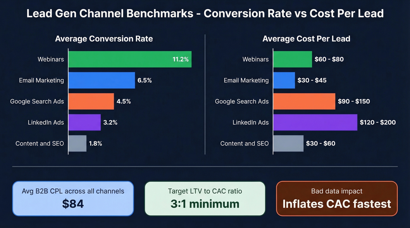 Channel conversion rates and CPL benchmark comparison chart