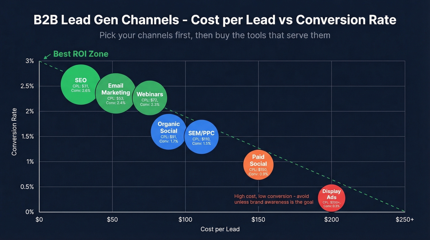 B2B channel comparison showing CPL vs conversion rate