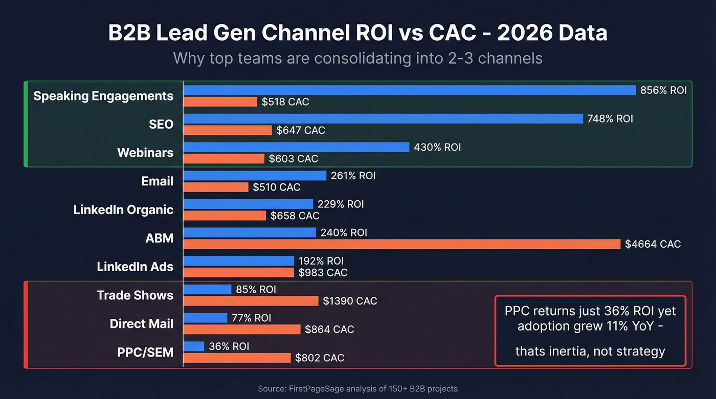 B2B channel ROI and CAC comparison bar chart