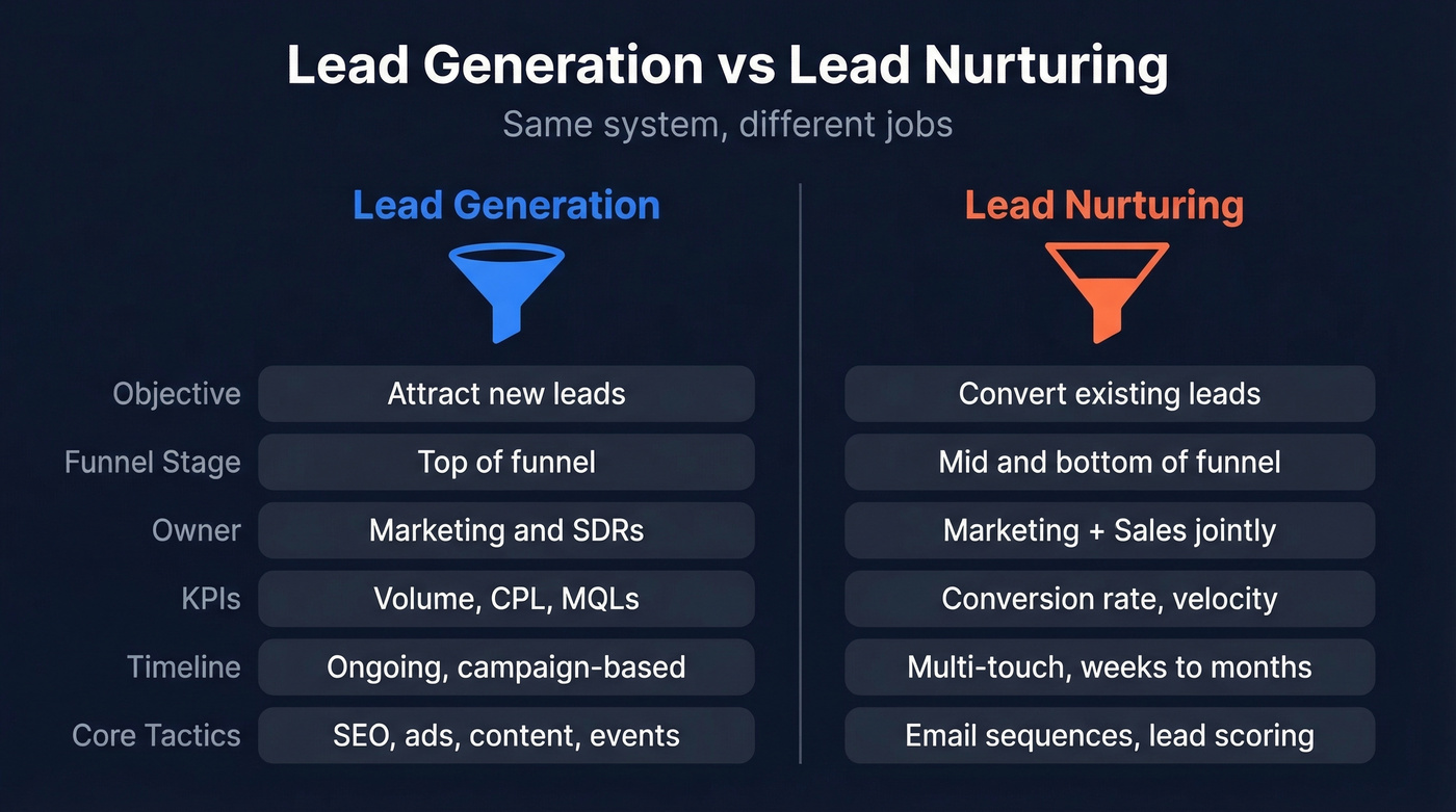 Lead generation vs lead nurturing side-by-side comparison
