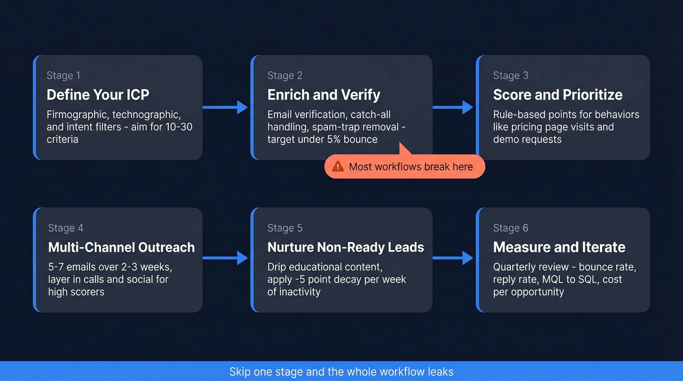 Six-stage lead generation workflow funnel diagram