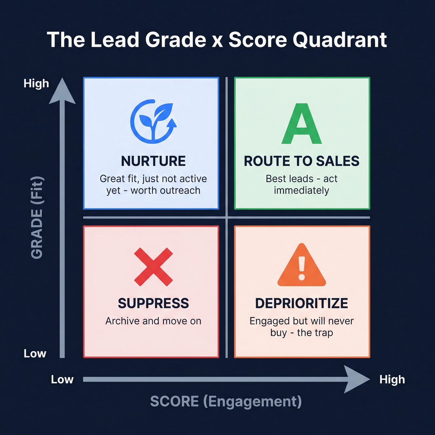 Lead grading vs scoring quadrant with routing actions