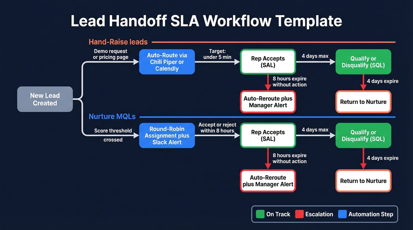 Lead handoff SLA workflow with timing and escalation paths