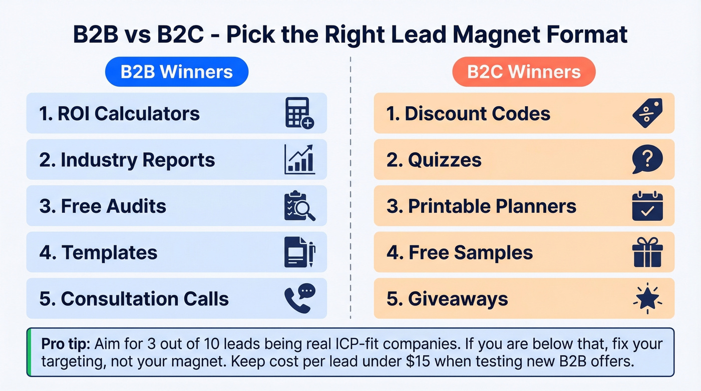 B2B versus B2C lead magnet format recommendations side by side