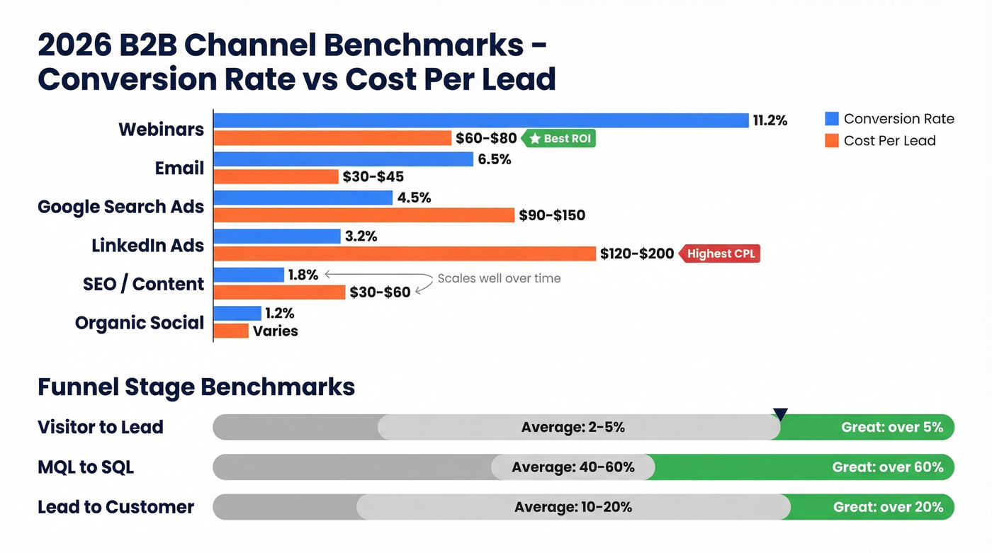 B2B channel benchmarks comparing conversion rates and CPL