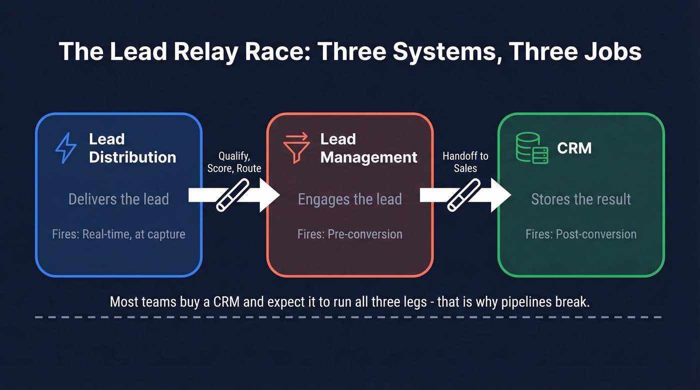 Lead distribution vs management vs CRM relay race diagram