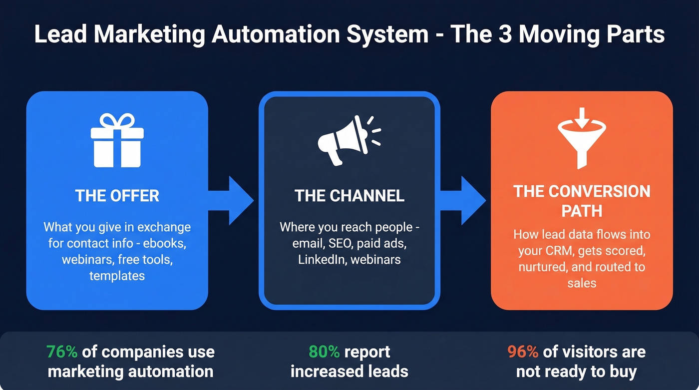 Lead marketing automation system with three moving parts